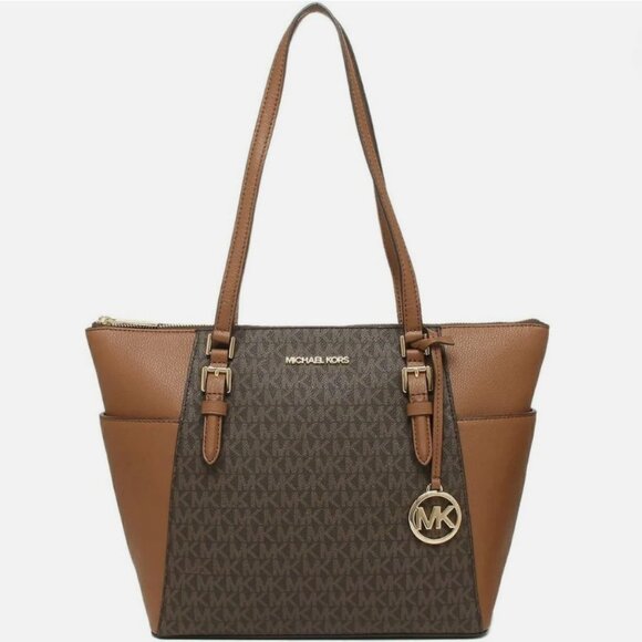 NWT Michael Kors "Charlotte" Large Logo & Leather Top-Zip Tote Bag - Brown - Picture 1 of 8